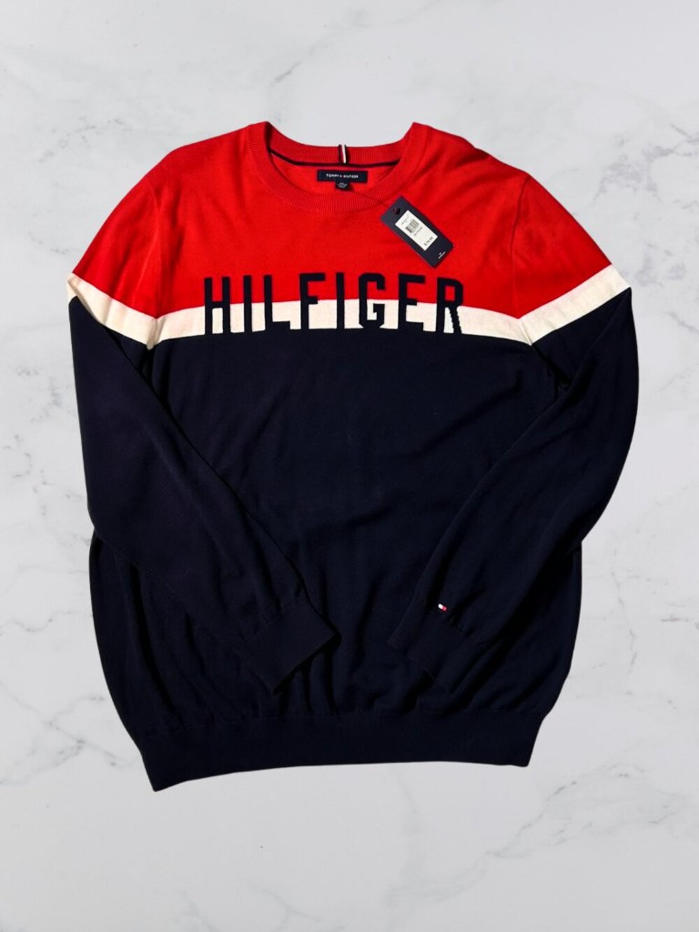 Tommy Hilfiger Men’s XXL 2XL Colorblock Spellout Cotton Sweater NWT